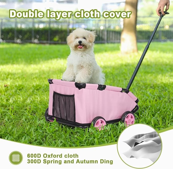 Foldable Pet Wagon with Pull Handle Mini Dog Travel Cart Wheels Pink