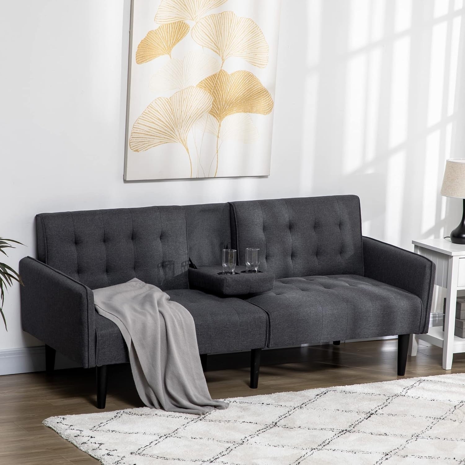 Click Clack Sofa Bed 3 Seater Grey Linen Couch w/ Cup Holders