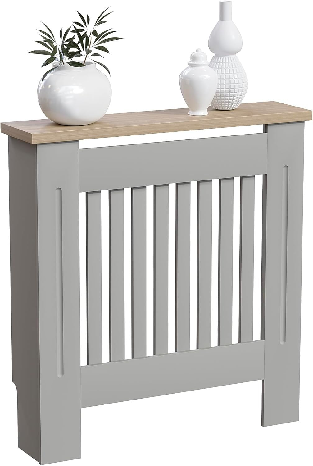 Small Olive Grey Radiator Cover Cabinet MDF Slatted Grill with Wood Top Shelf