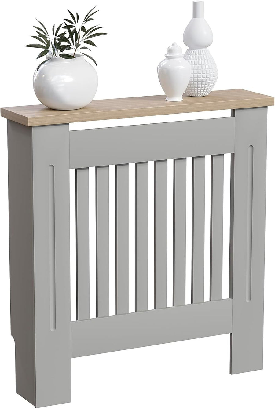 Small Olive Grey Radiator Cover Cabinet MDF Slatted Grill with Wood Top Shelf