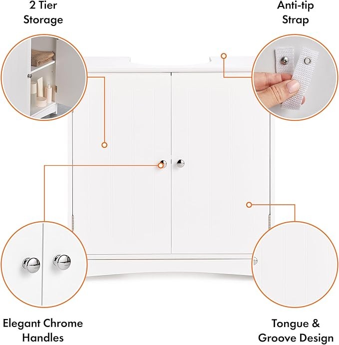 White Under Sink Bathroom Cabinet 60cm Vanity Unit with Shelves Shaker Doors