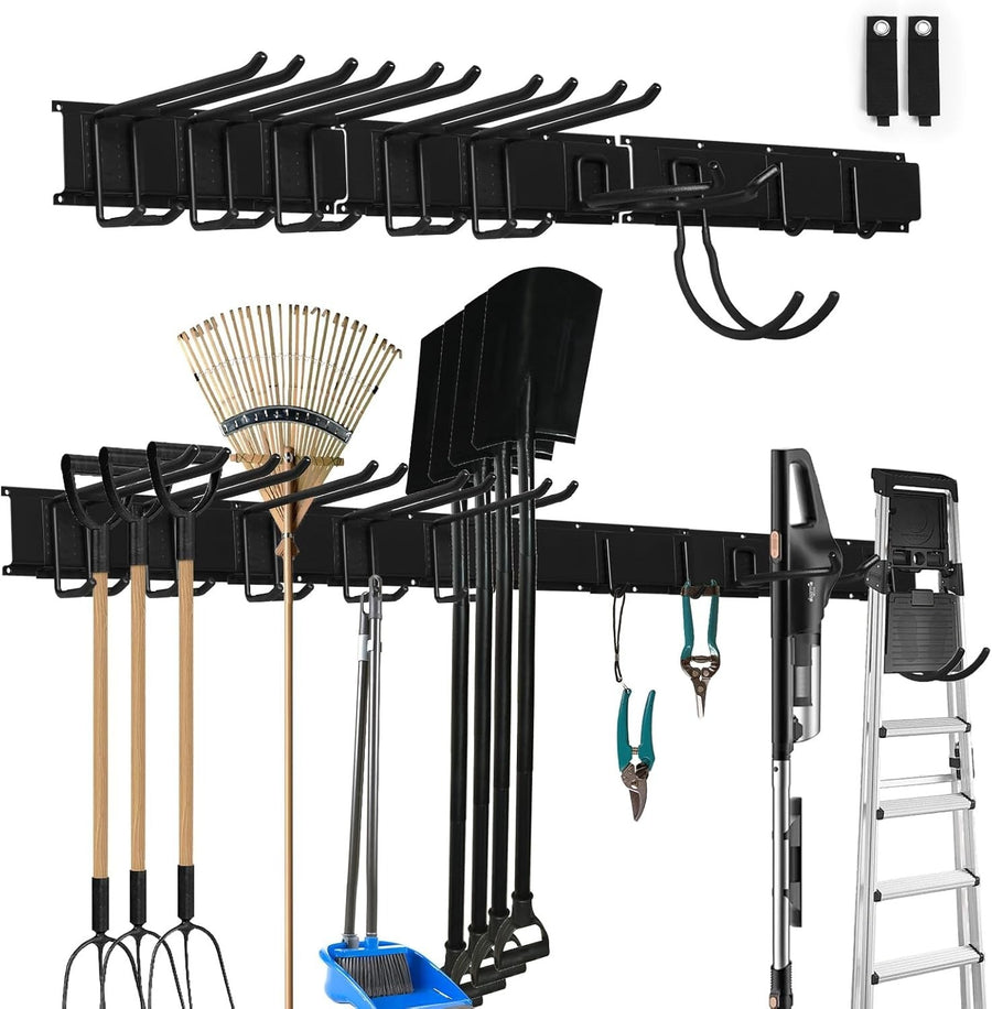 Wall-Mount Garden Tool Rack 122cm 9 Hooks & 2 Straps Garage Organizer