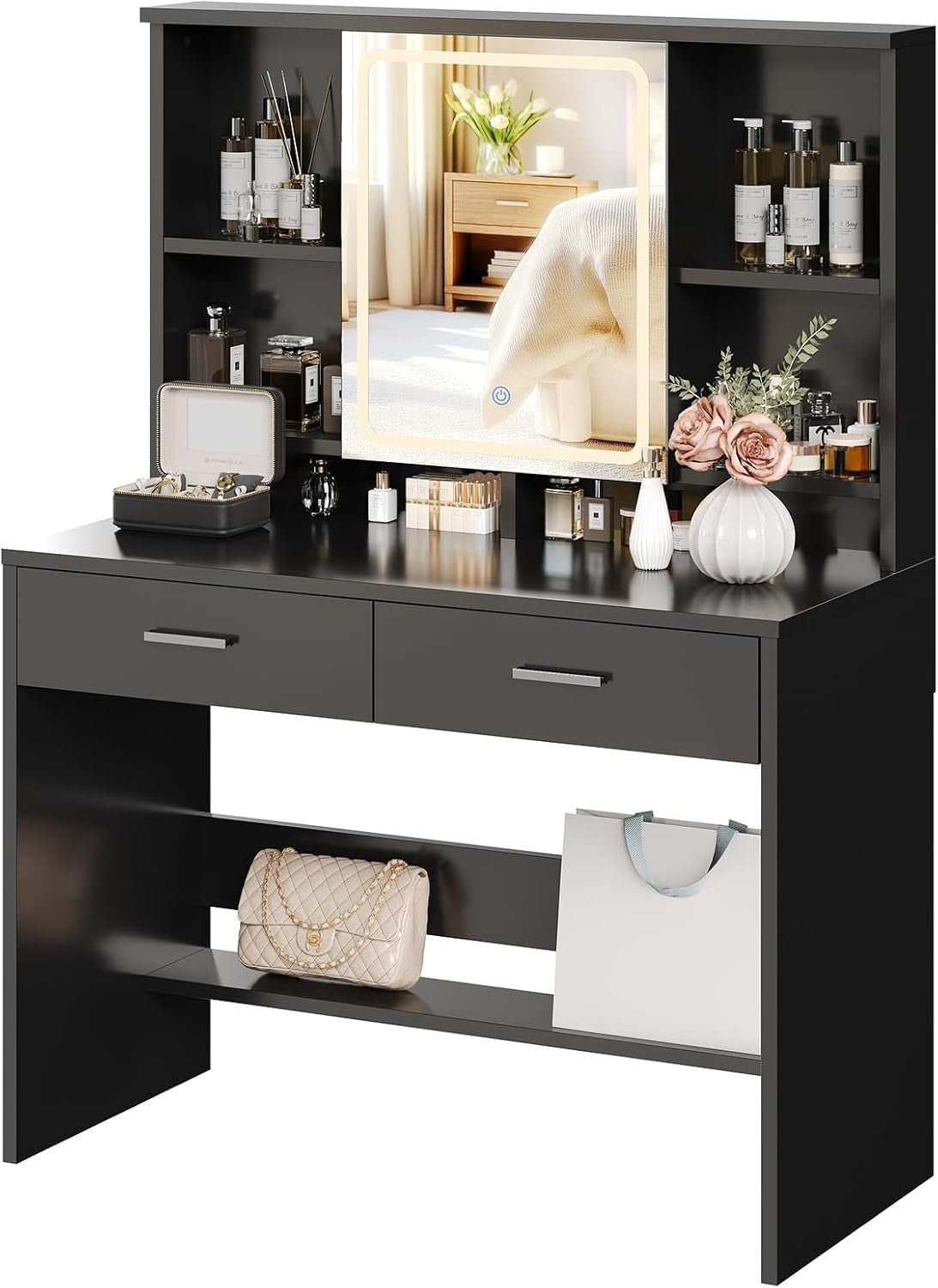 LED Dressing Table Black Vanity Desk 3-Colour Mirror Storage 2 Drawers Modern
