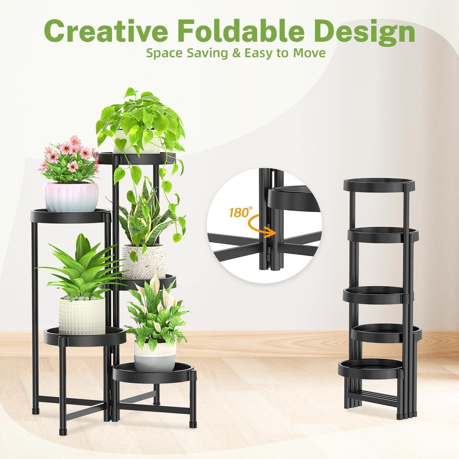 5 Tier Folding Plant Stand Indoor Outdoor | Black Metal Corner Flower Display