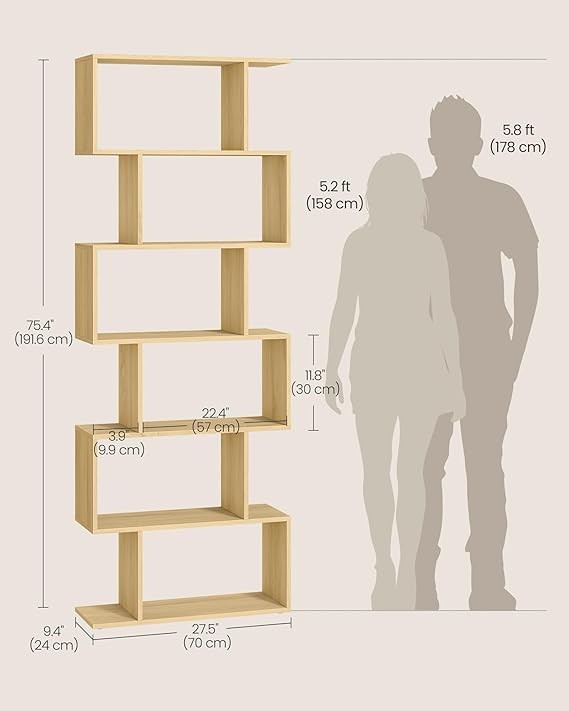 6 Tier Natural Oak Bookcase Room Divider Modern Cube Shelf 24×70×191cm Storage