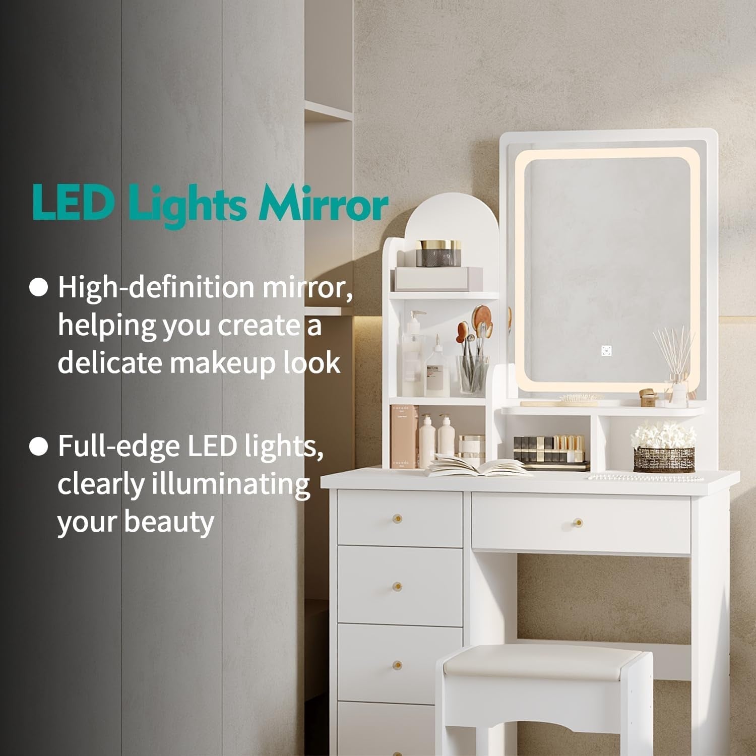 White Dressing Table Vanity Set with 3-Color LED Lights Mirror 5 Drawers & Stool