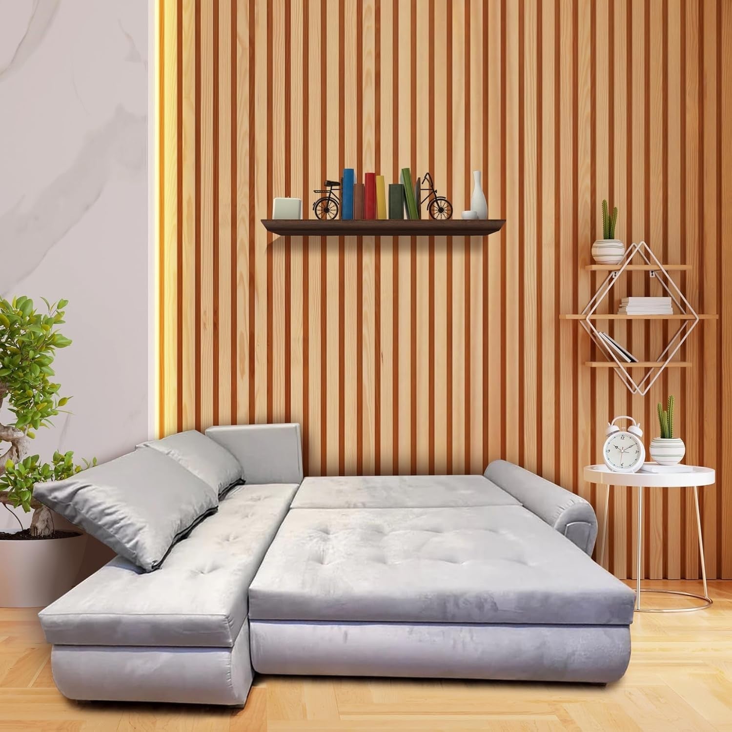 Silver L-Shaped Velvet Sofa Bed w/ Storage Pull-Out Sleeper 4 Seater