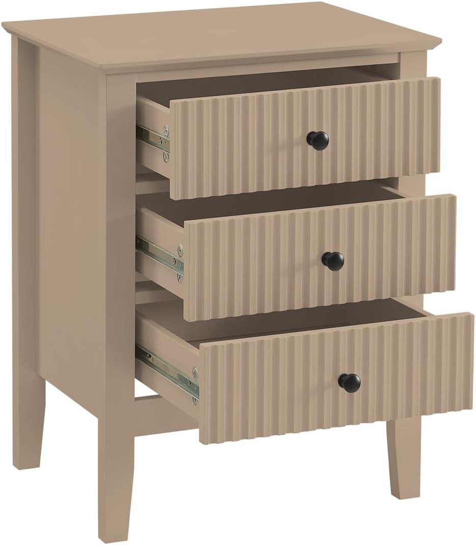 Pair of Modern 3 Drawer Bedside Tables – Taupe Tan Wood Nightstands