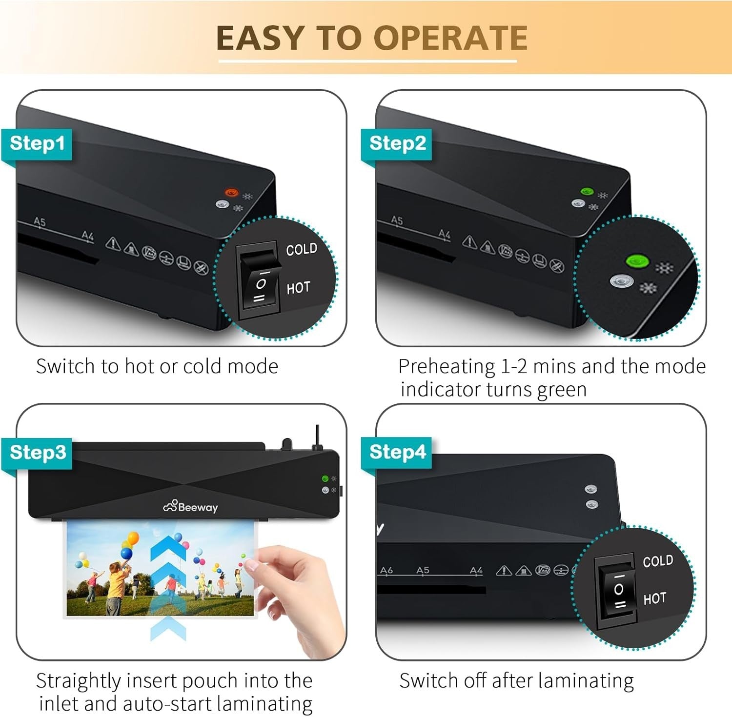 A4 Laminator Hot Cold Machine Fast Warm Up High Speed Jam Release + Pouches