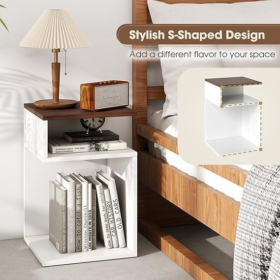 COSTWAY S-Shaped End Table, Narrow Sofa Side Table with 2 Open Storage Shelves,