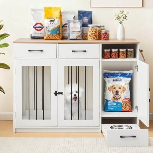 TUKAILAi Dog Crate Furniture White/Wood – Small Pet Kennel with Bowls