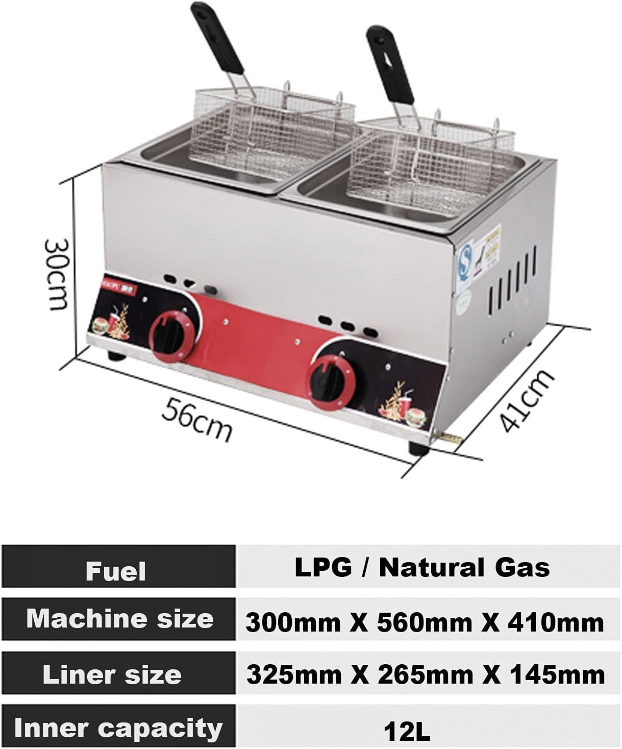 Commercial Gas Deep Fryer LPG Countertop Stainless Steel Easy Clean