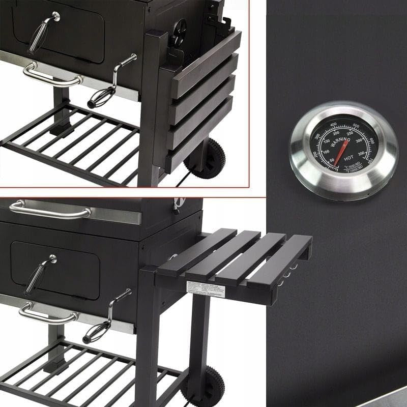 XL Charcoal BBQ Smoker Grill with Thermometer, Folding Side Table & Wheels