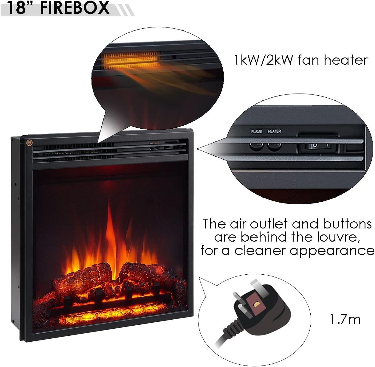 Electric Freestanding Fireplace 2kW Heater LED Flame Effect Natural Oak