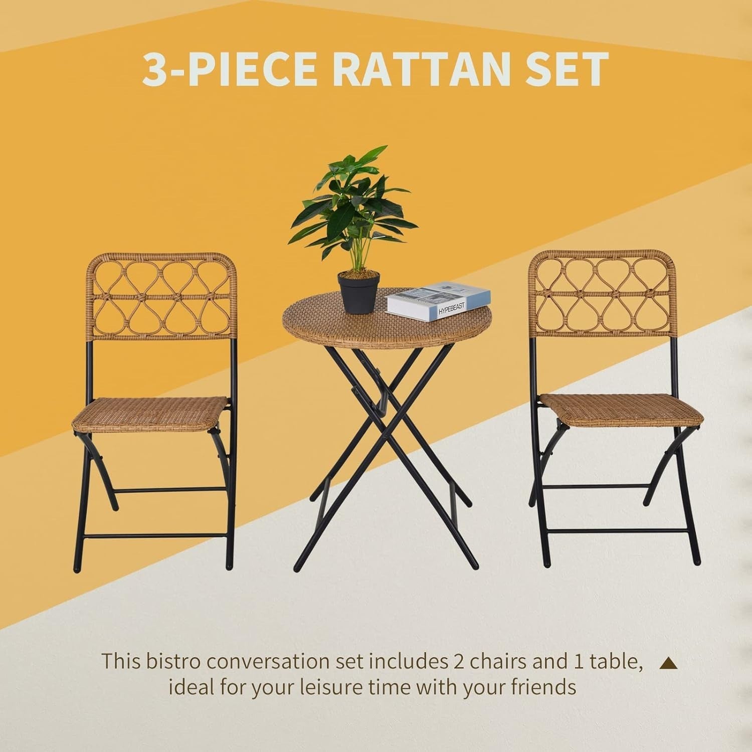 Folding Rattan Bistro Set 2 Chairs Round Table Compact Balcony Patio Set