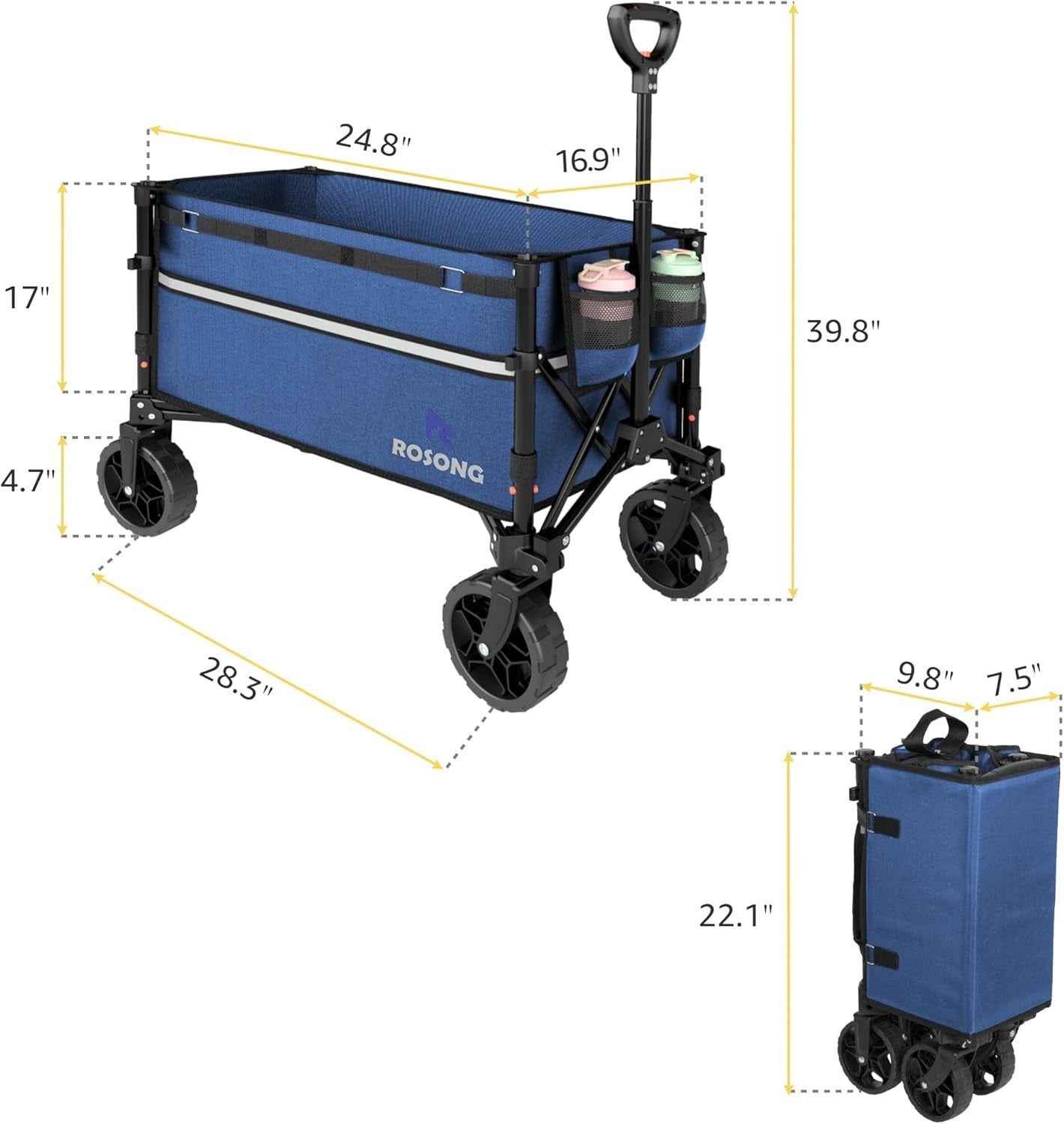 Collapsible Heavy Duty Folding Wagon Cart with Wheels Utility Trolley Navy Blue