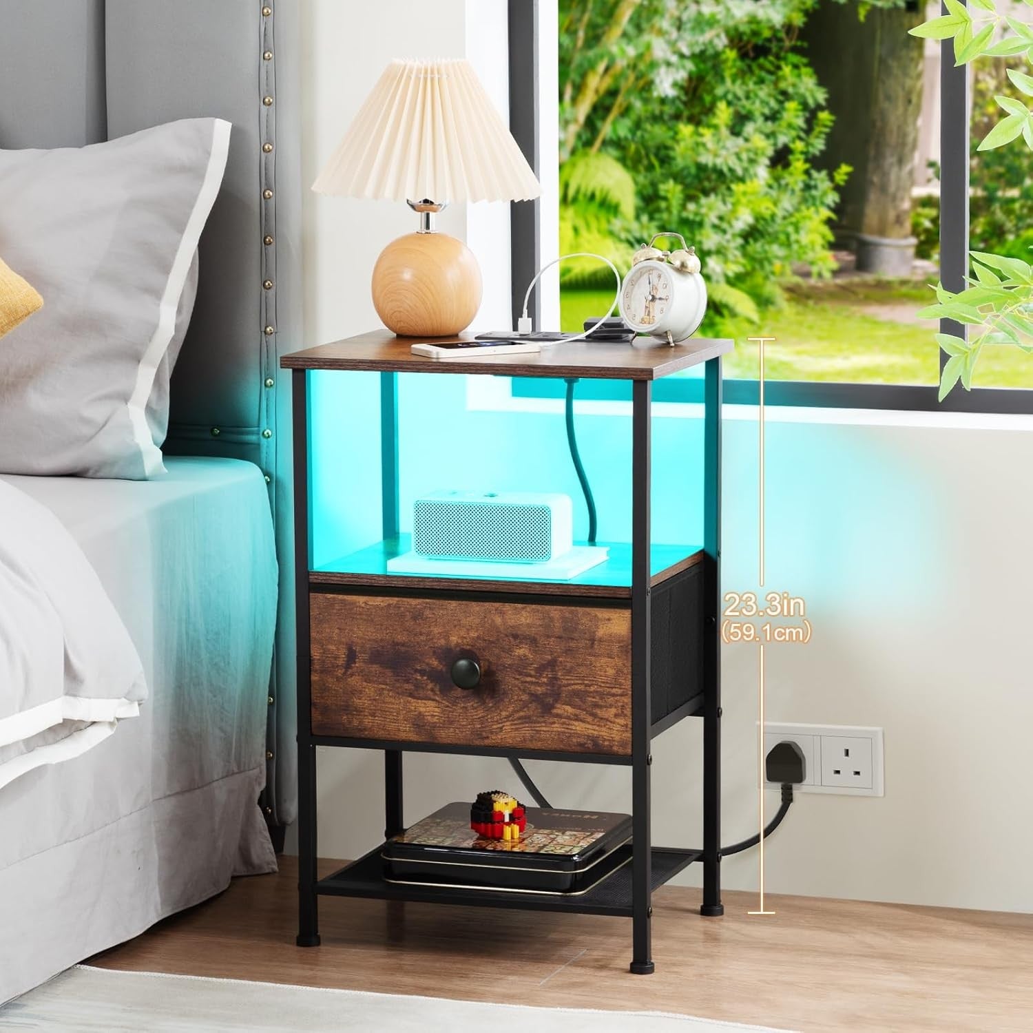 Set of 2 Rustic LED Bedside Tables with Charging Station, Fabric Drawer & Storag