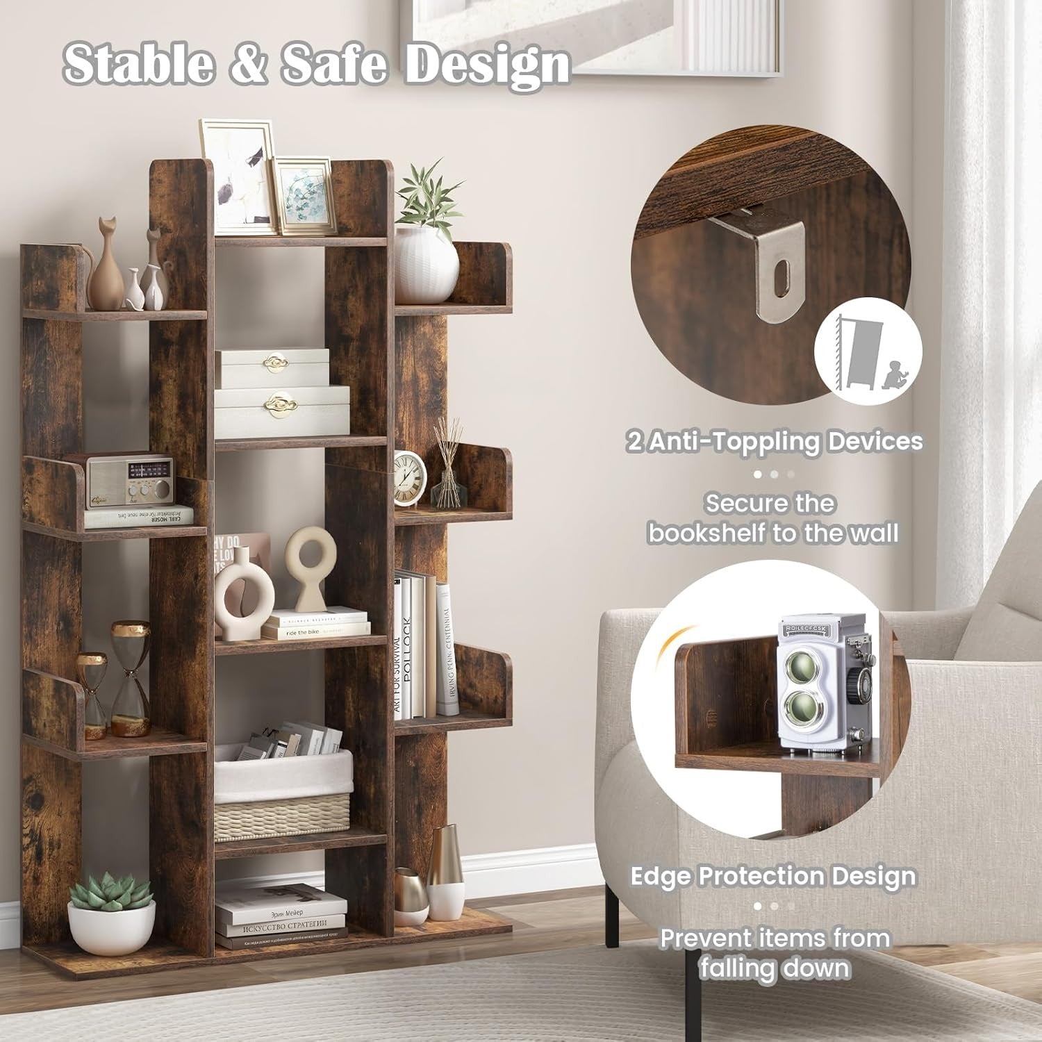 Tall Tree-Shaped Bookcase 13-Tier Wooden Shelf Unit Rustic Brown Storage Rack