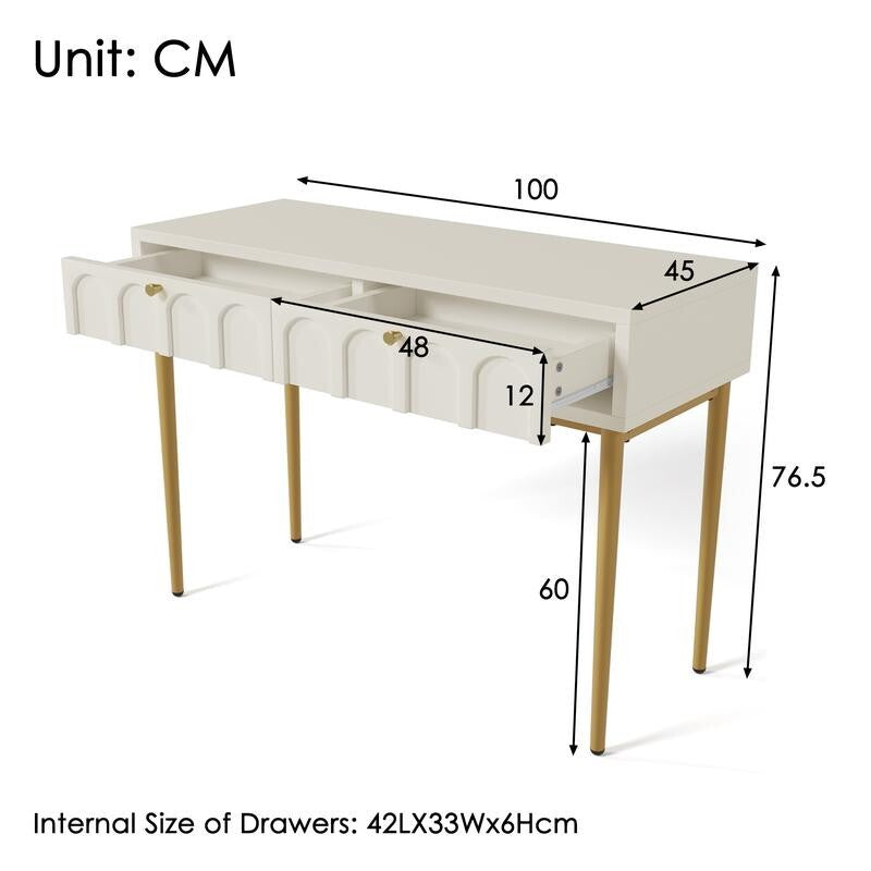 White Dressing Table with 2 Drawers & Gold Legs – Bedroom Makeup Desk