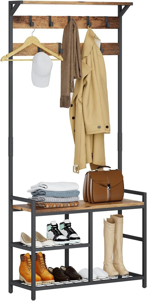 Rustic Brown Industrial Coat Rack with Shoe Bench | 9 Hooks Hall Tree Stand