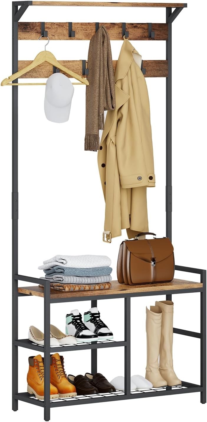 Rustic Brown Industrial Coat Rack with Shoe Bench | 9 Hooks Hall Tree Stand