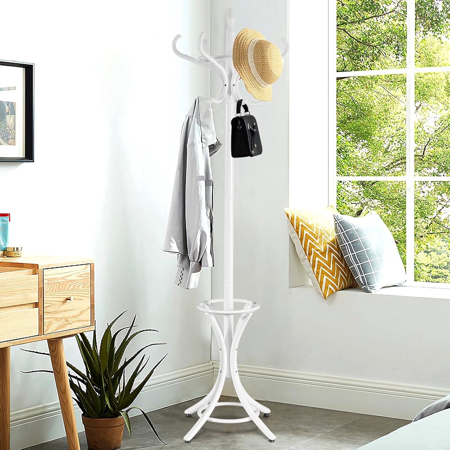 White Solid Wood Coat Rack with 12 Hooks & Umbrella Holder | Freestanding Hall