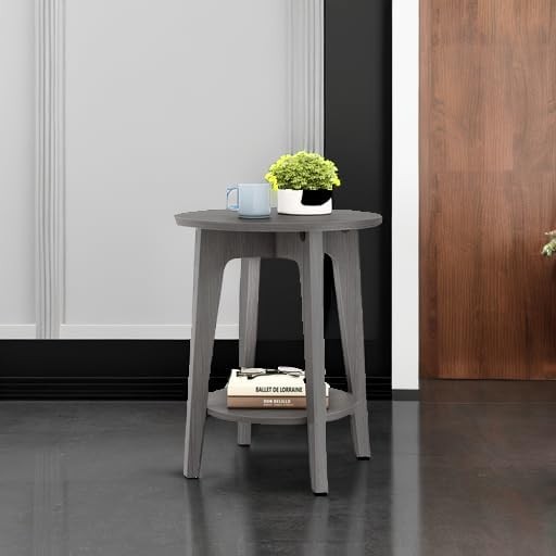 Smoky Grey Round Side Table with Lower Shelf, Modern Small End Table