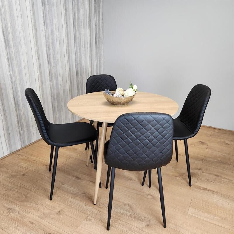 Round Oak Dining Table Set with 4 Quilted Chairs Kitchen Room Modern