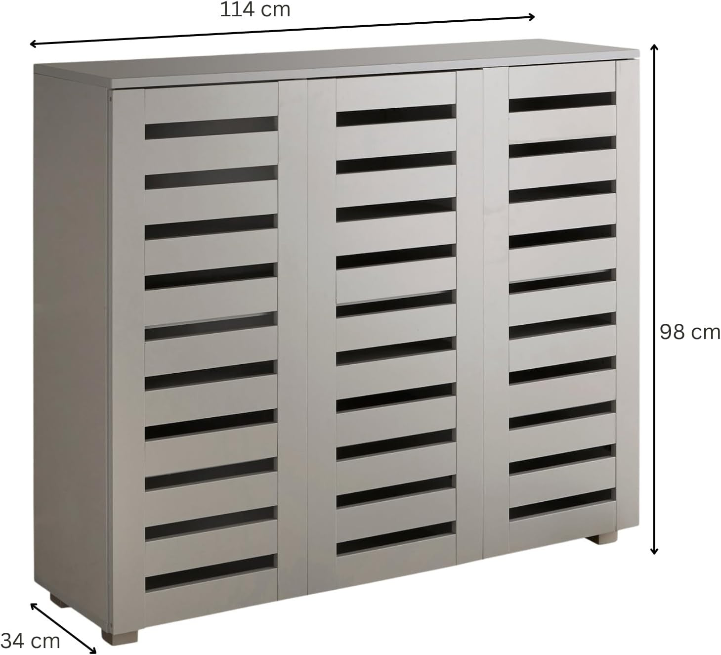 Grey 3 Door Wooden Shoe Cabinet with Slatted Doors, Large Storage Cupboard