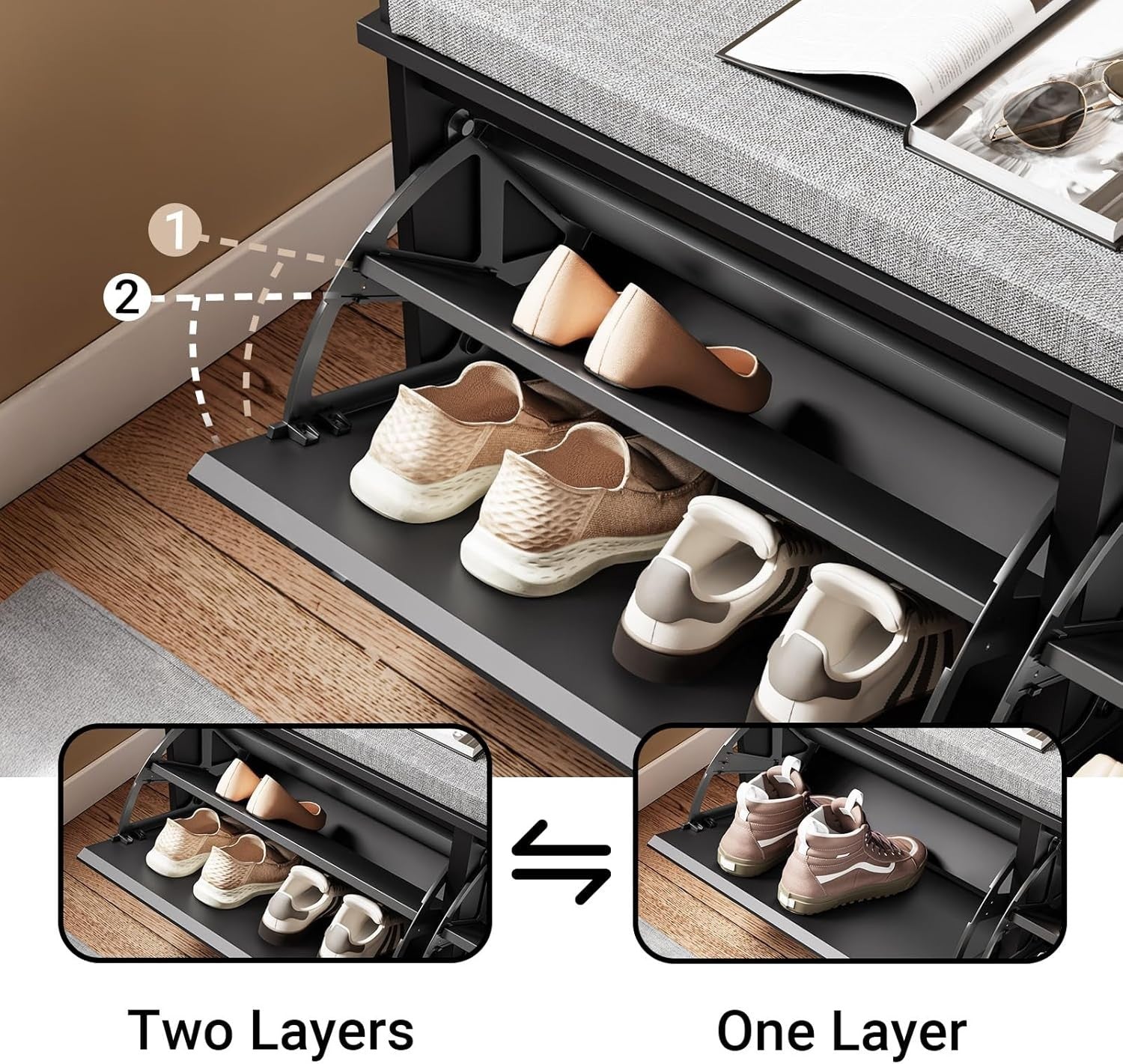 Modern Shoe Storage Bench with Cushion – 2 Flip Drawers, Holds 8 Pairs