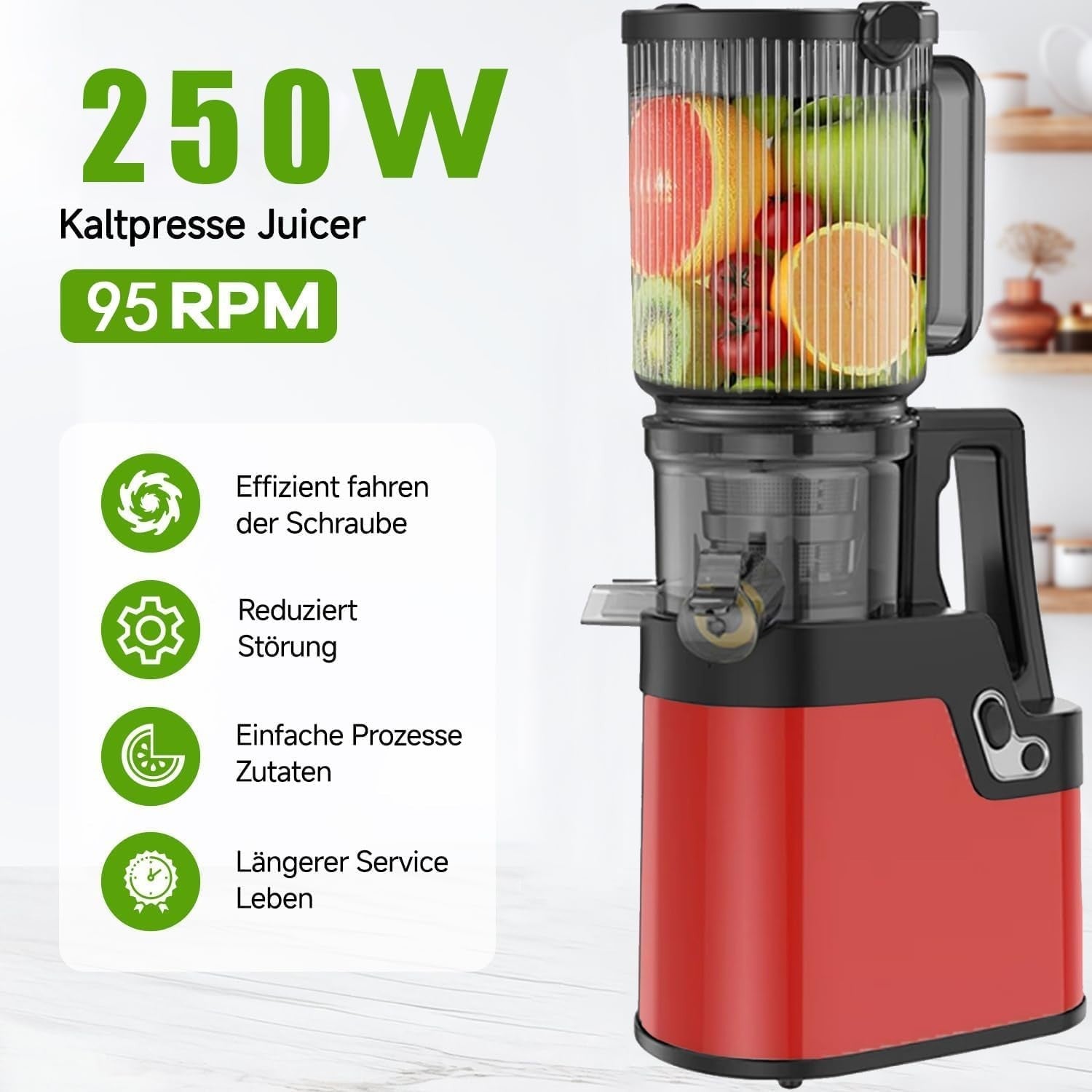 Slow Cold Press Juicer 250W Wide 4.2in Chute Whole Fruit Quiet