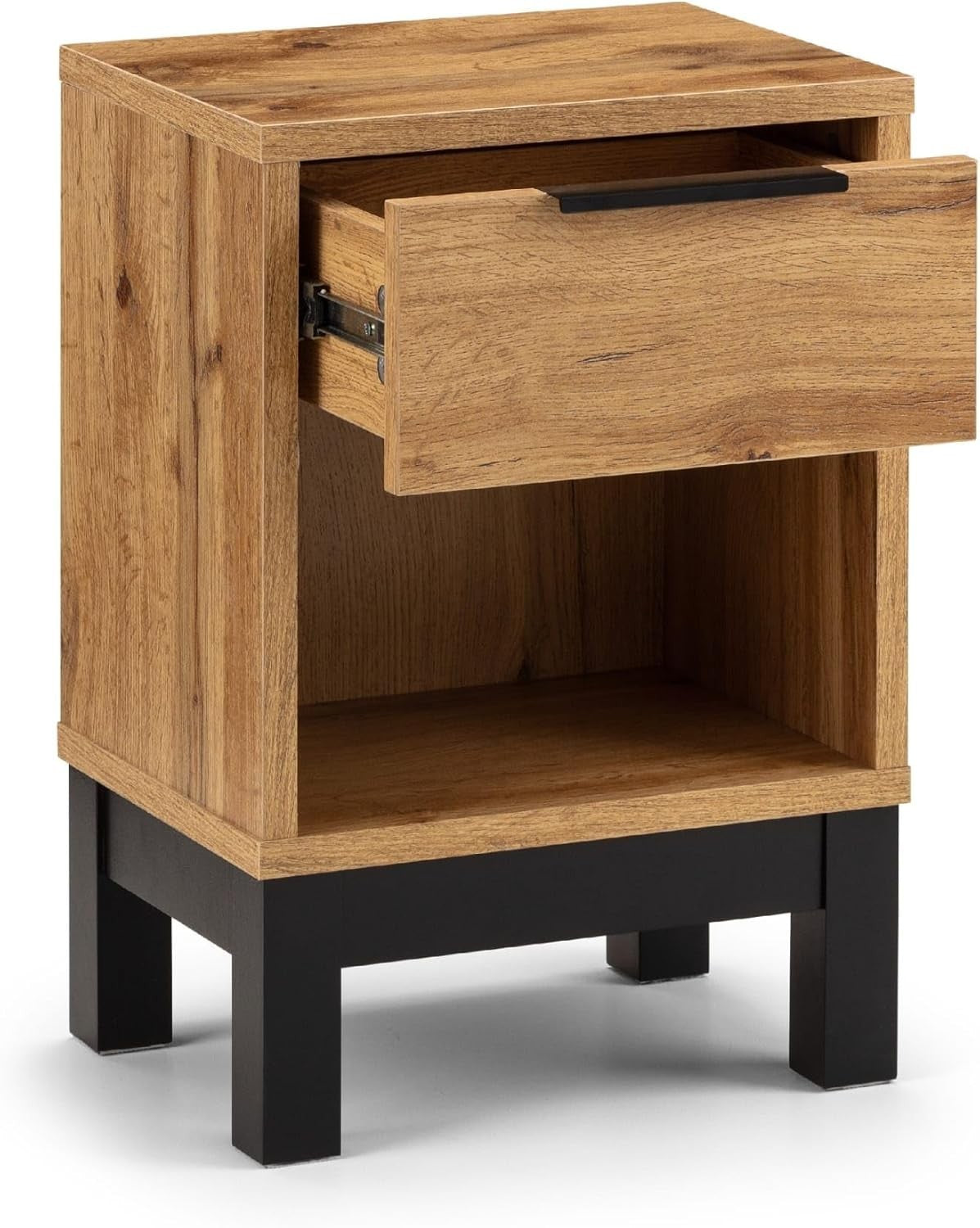 Modern Oak Wood Bedside Table | 1 Drawer Nightstand with Open Shelf & Black Legs