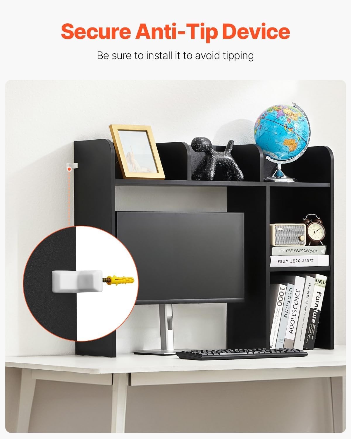 Black 2-Tier Desktop Bookshelf 94.5cm Desk Hutch Storage Organiser Heavy-Duty