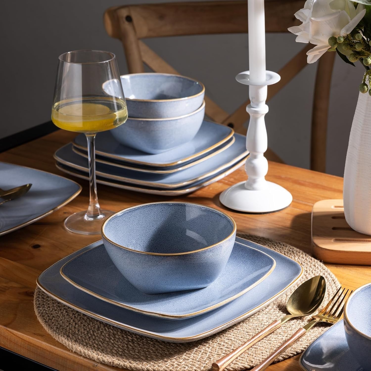 12pc Square Dinnerware Set Reactive Blue Stoneware Scratch Resistant Dishwasher