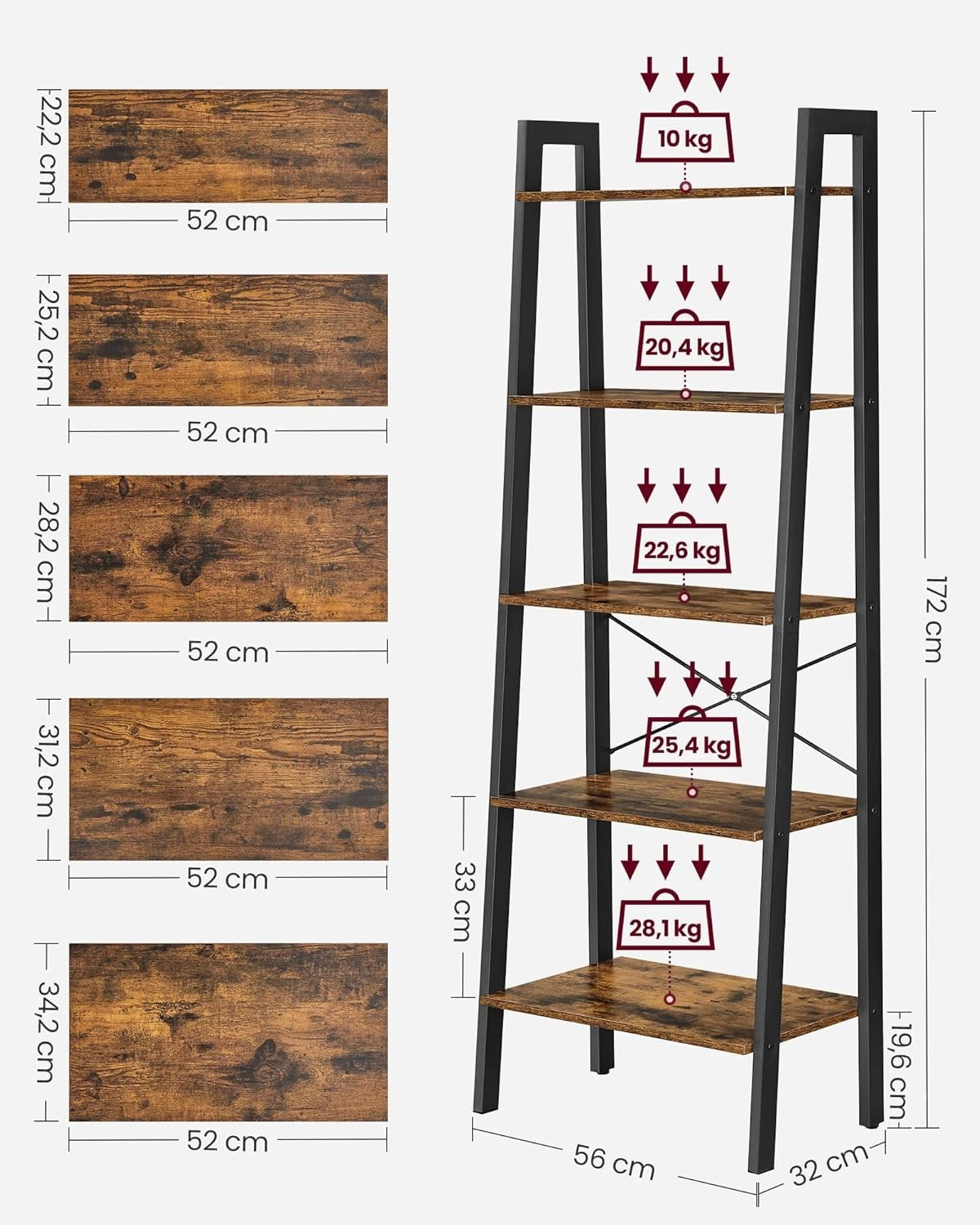5-Tier Industrial Ladder Shelf Bookcase Storage Rack Rustic Brown 172cm