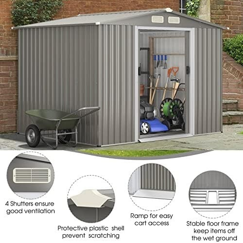 8x6FT Metal Garden Shed with Double Sliding Doors & Ventilated Ramp
