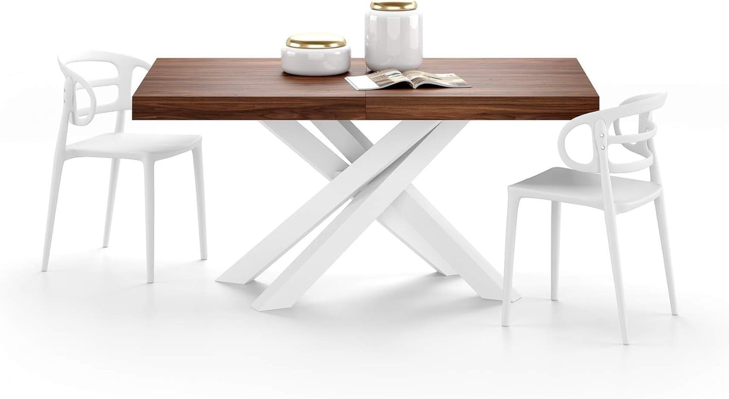 Extendable Walnut Dining Table 160–240cm w/ White Cross Legs Modern