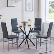 Contemporary 5-Piece Round Glass Dining Table with 4 Grey Chairs