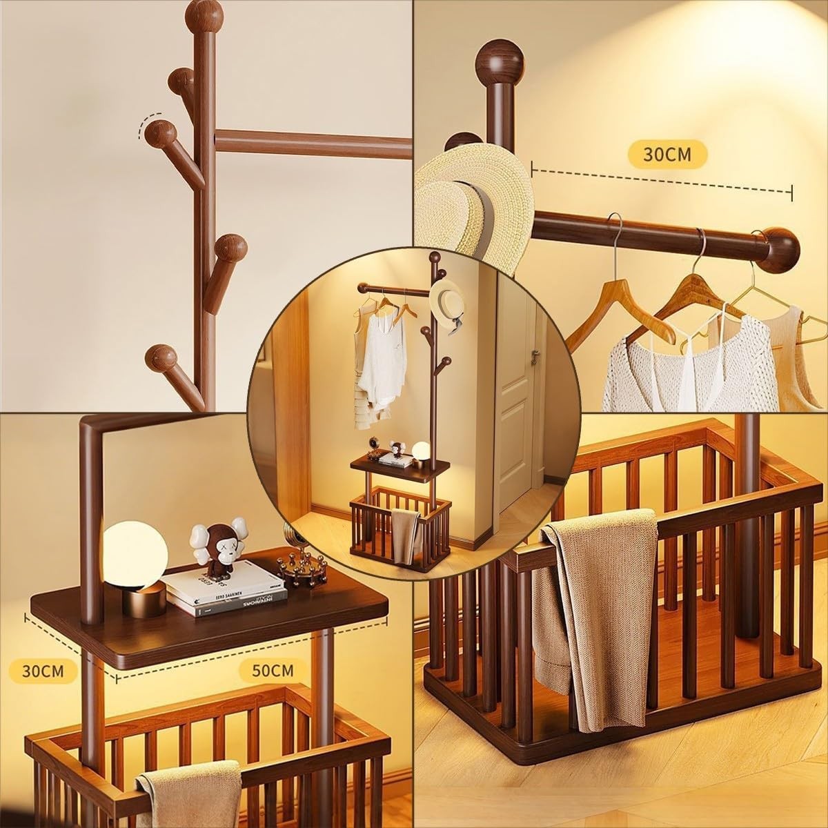 Solid Wood Coat Rack with Wheels & Storage Basket Freestanding Hall Stand