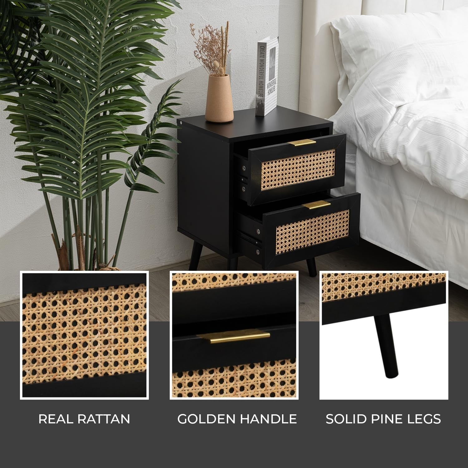 Modern Black Rattan Bedside Table with 2 Drawers Wooden Nightstand