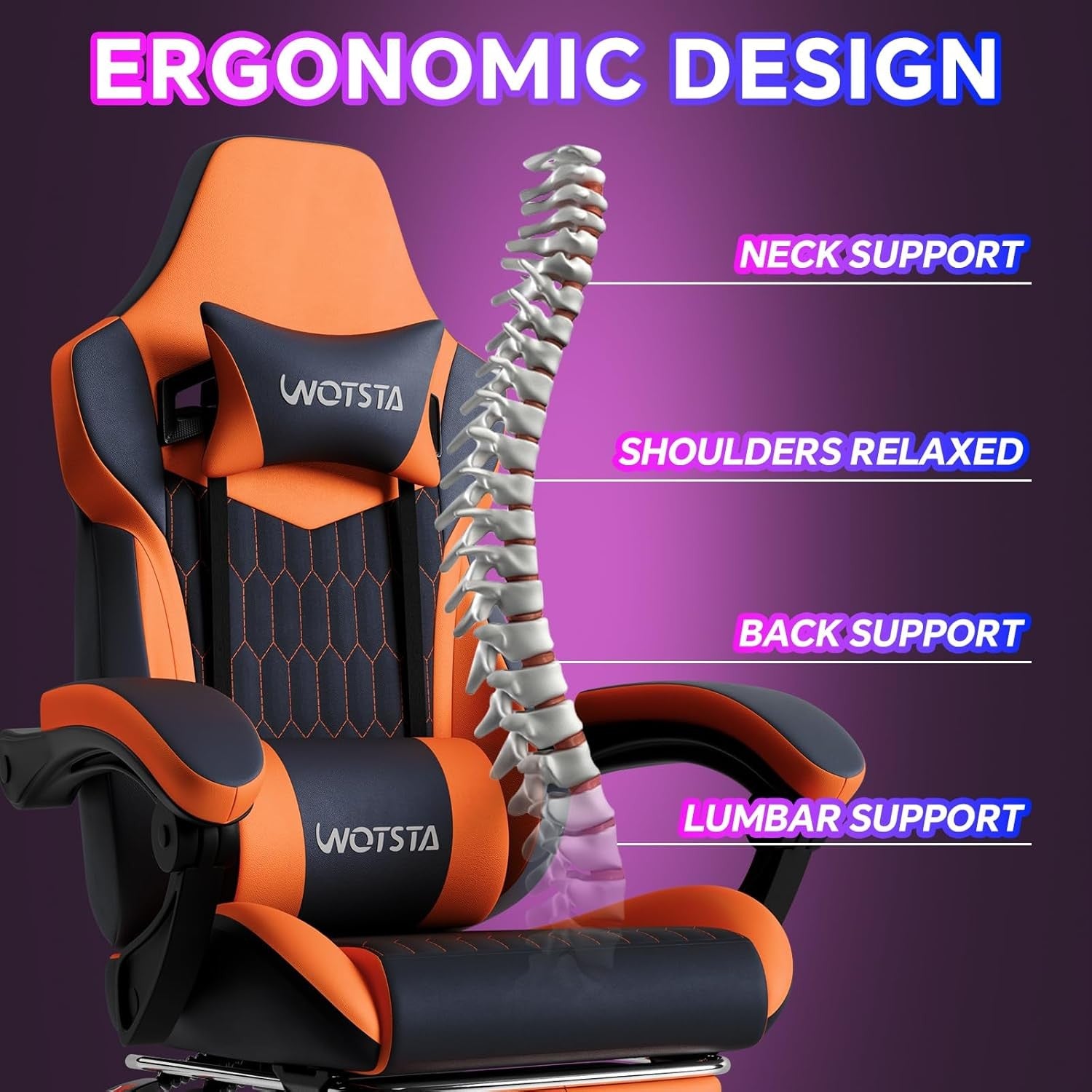 Ergonomic Gaming Chair w/ Footrest & Lumbar Support Black Orange