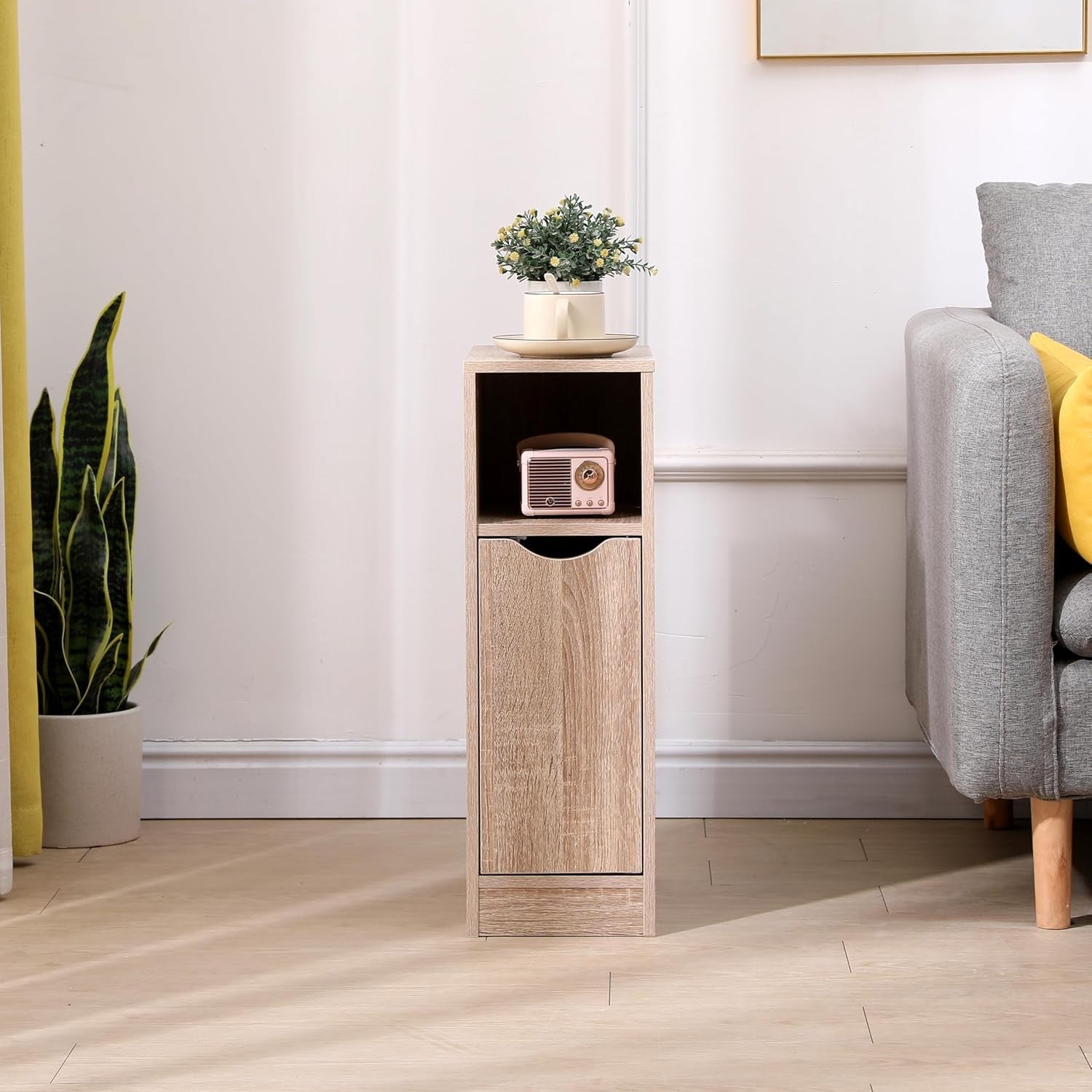 Slim Walnut Bedside Table with Shelf, Narrow Side Cabinet for Small Bedrooms