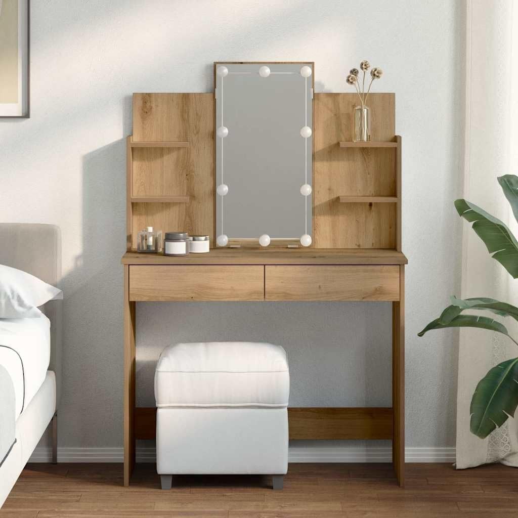 Modern Makeup Vanity Desk Set with Mirror & LED Lights Bedroom Artisan Oak