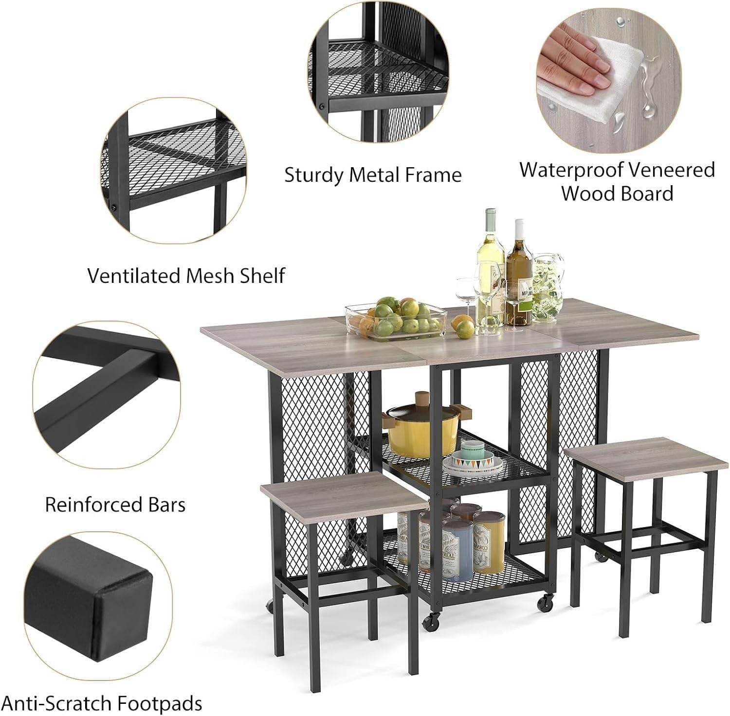 Compact Folding Dining Table Set with Stools & Storage Shelves 120cm