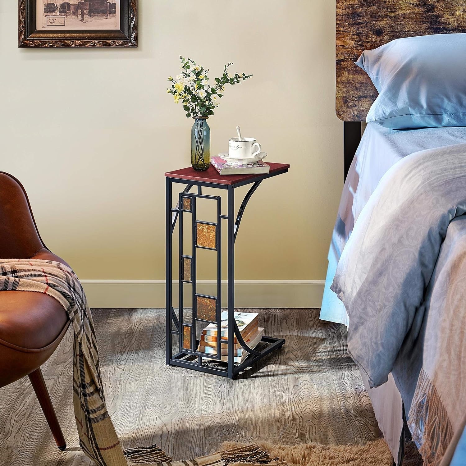 C-Shaped End Table with Storage Shelf, Compact Side Table for Living Room & Offi
