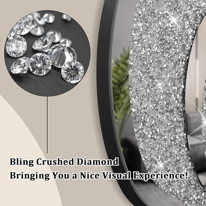Irregular Mirror Crushed Diamond Wall Clock Silver Crystal Sparkly 40cm Decor