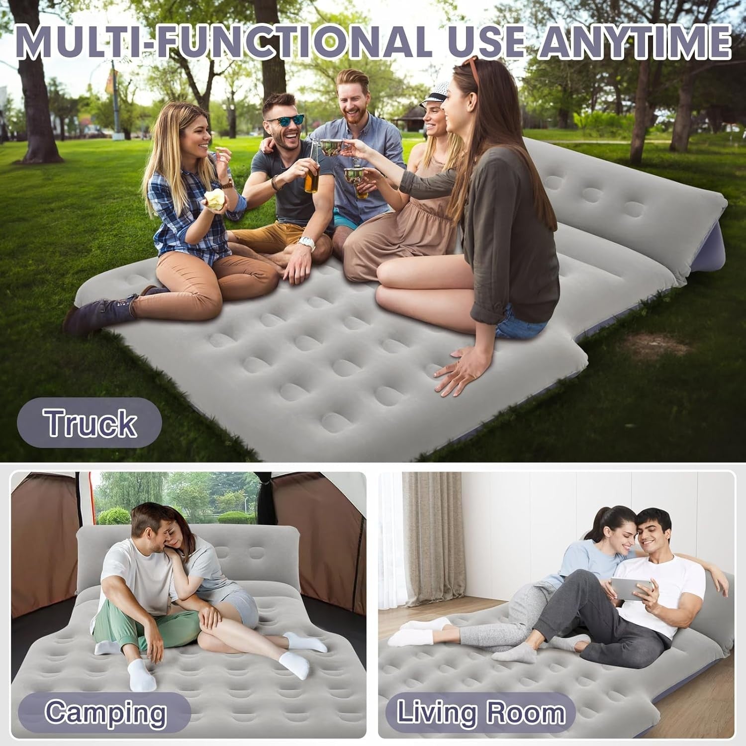 Full-Size Truck Air Mattress with Built-In Pillow – Inflatable for Camping