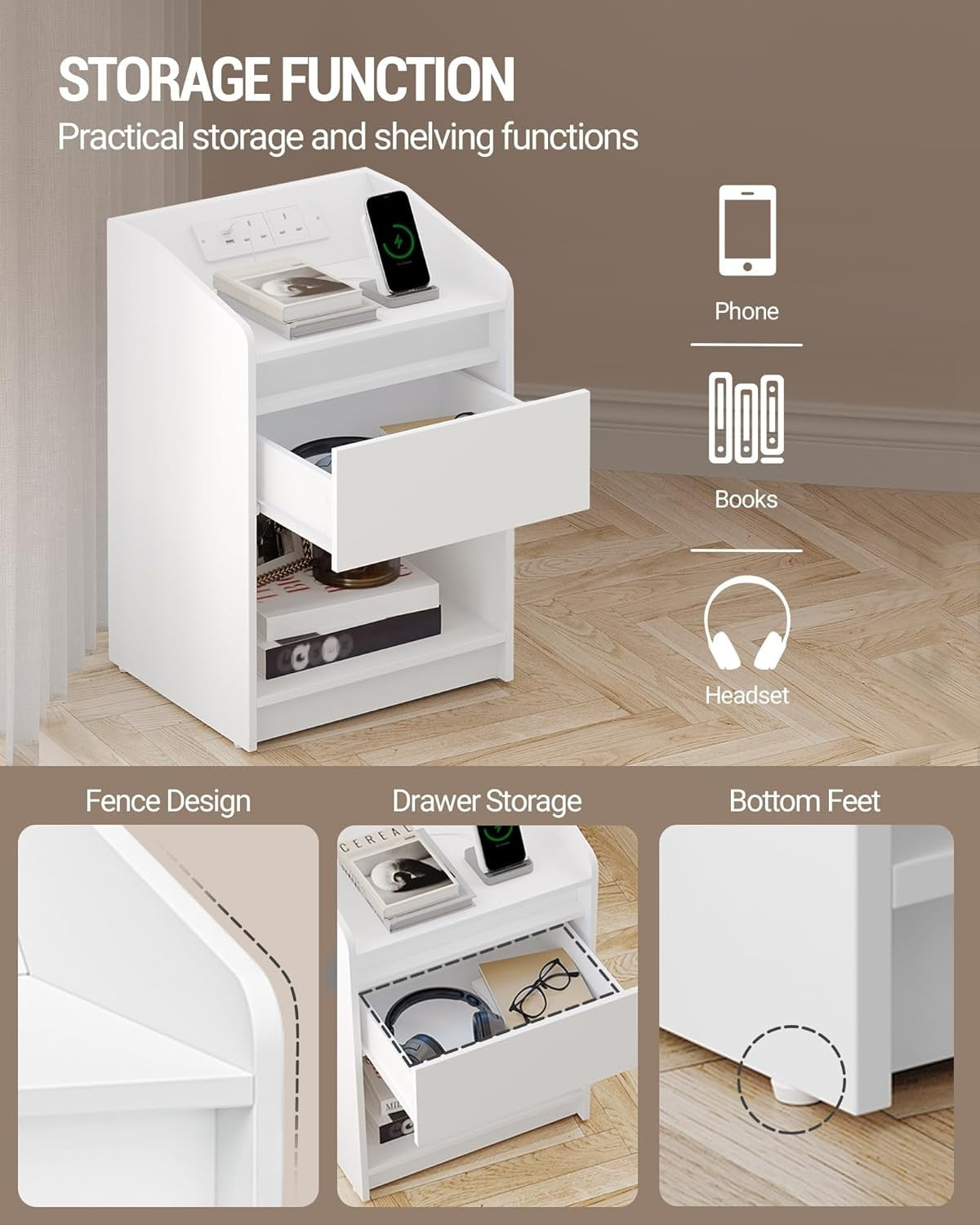 Set of 2 LED Bedside Tables with Charging Ports – White Nightstands with Drawer