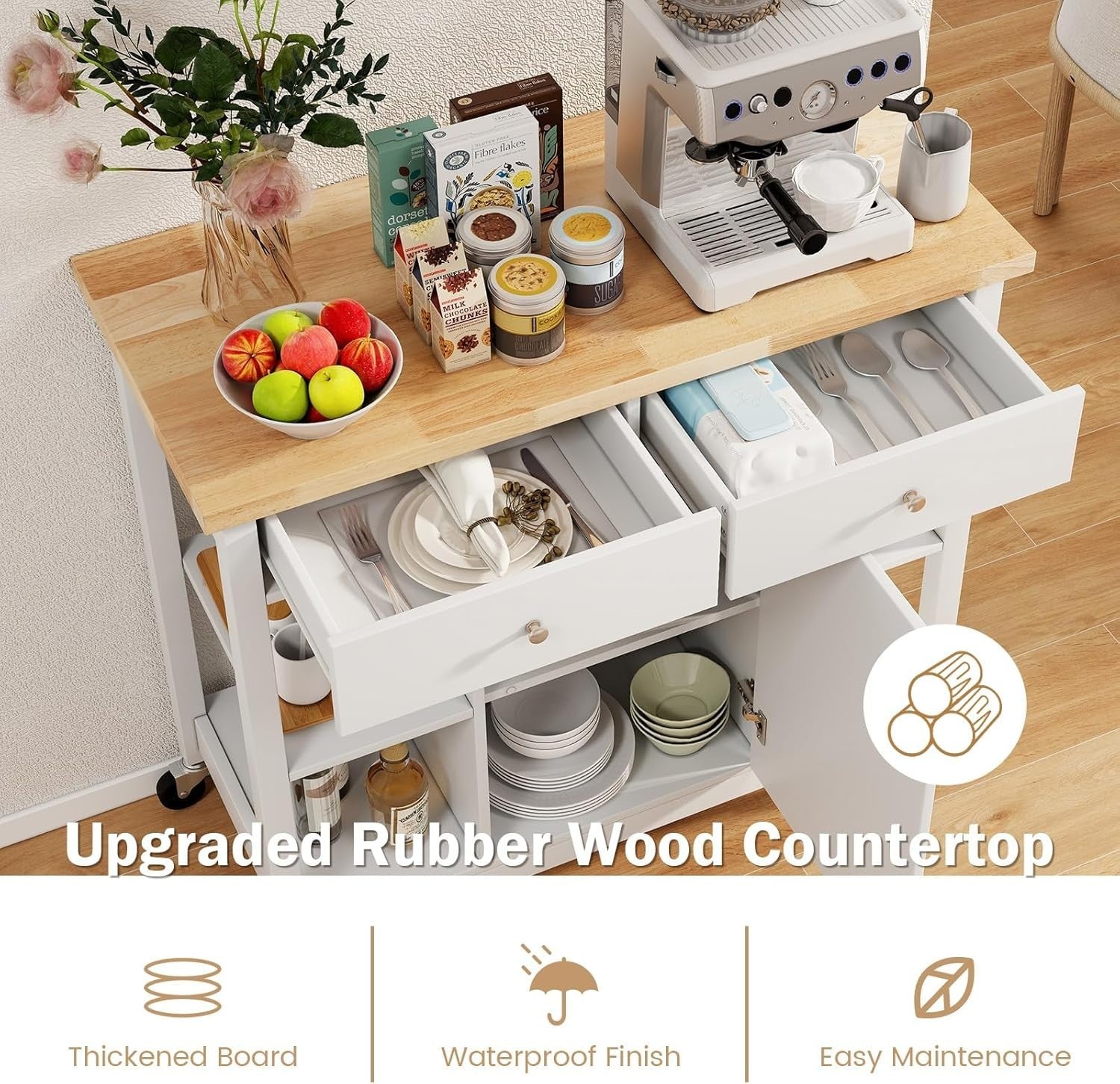 Kitchen Island Trolley with Drawers & Adjustable Shelves White 99x46x90cm