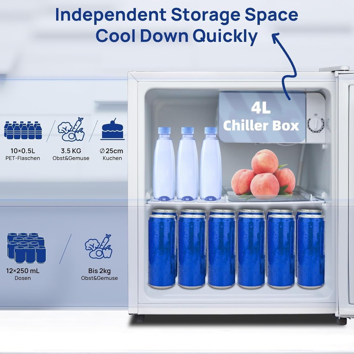 48L Mini Fridge Table Top Quiet Drinks Cooler Reversible Door White